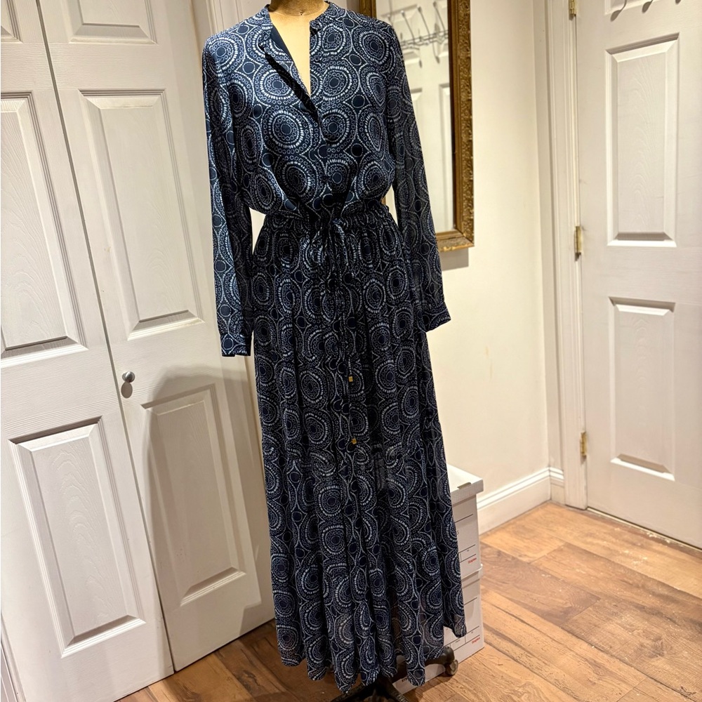 MICHAEL Michael Kors Navy White Circular Ptrn Georgette Maxi Button Front Dress.
